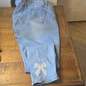 Stylish Blue Jeans with Bow Detail Never Worn They Were Too Long. 30 Inseam 32